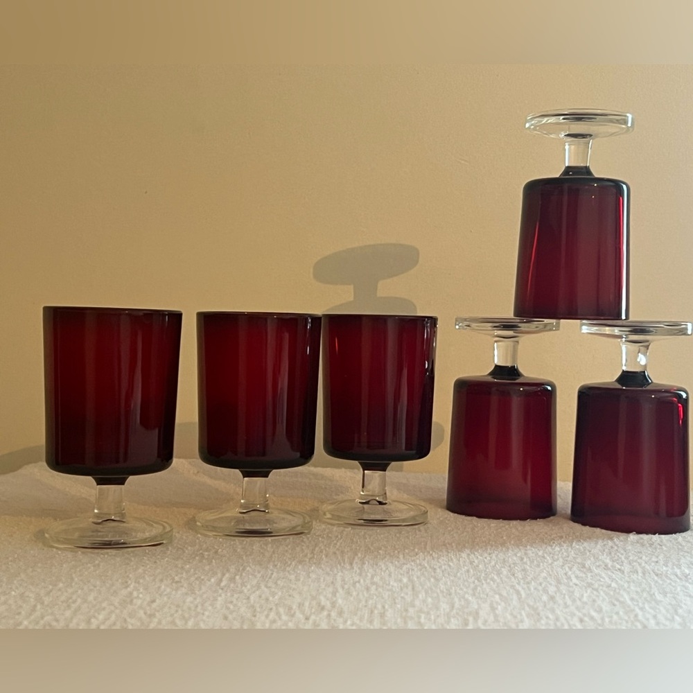 12pc Goblets Luminarc France Vintage Ruby Red Glasses Clear Stems